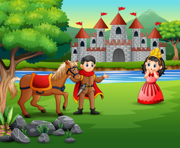ilustraciones, imágenes clip art, dibujos animados e iconos de stock de príncipe de dibujos animados y princesa con un fondo de castillo - castle fairy tale palace forest
