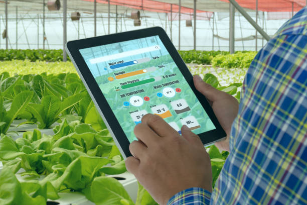istock iot smart industry robot 4.0 agriculture concept,industrial agronomist,farmer using tablet to monitor, control the condition in vertical or indoor farm ,the data including Ph, Temp, Ic, humidity, co2 1142729510