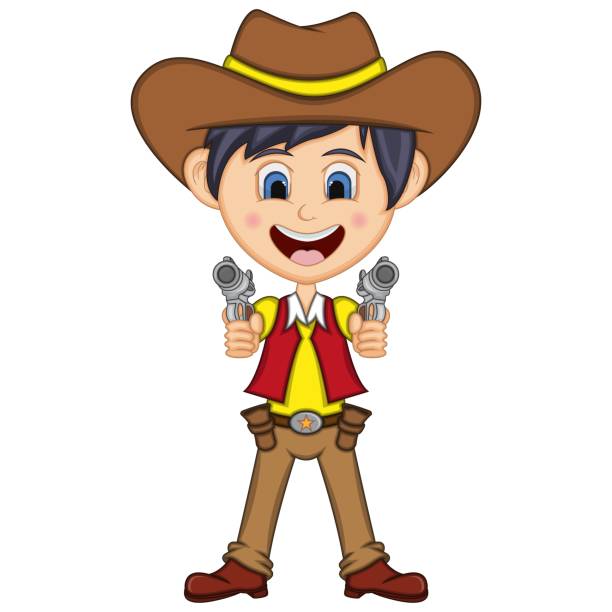 illustrazioni stock, clip art, cartoni animati e icone di tendenza di cowboy che spara a un'illustrazione vettoriale di cartoni animati pistola - wanted poster desire wild west sign