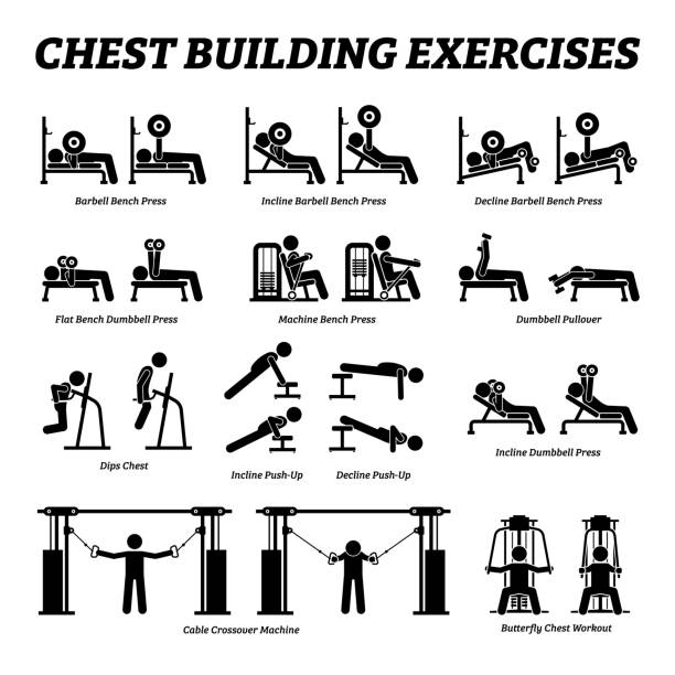 가슴 건물 운동과 근육 건물 막대기 그림 픽토그램. - exercise machine stock illustrations