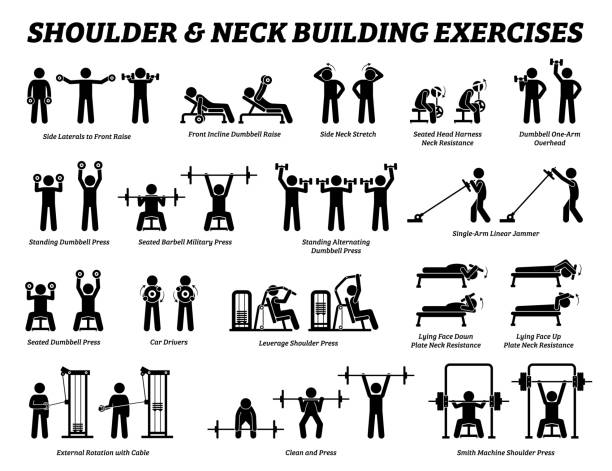 Shoulder and neck building exercise and muscle building stick figure pictograms. Set of weight training reps workout for shoulder and neck by gym machine tools with instructions and steps. weightlifting stock illustrations