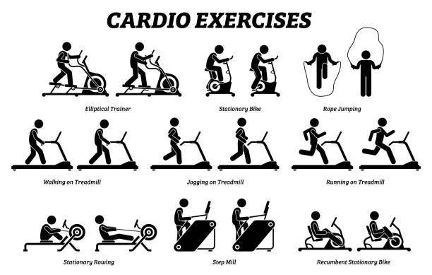 cardio-übungen und fitnesstraining bei fitness-ikonen und piktogramm. - rudern stock-grafiken, -clipart, -cartoons und -symbole