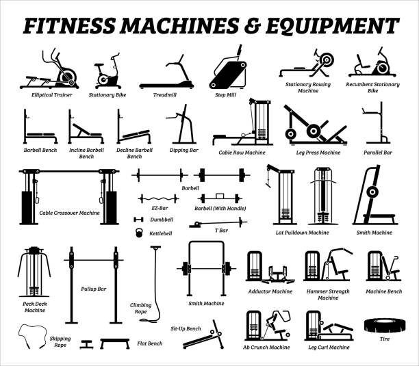 Fitness, cardio, and muscle building machines, equipments set at gym. Artworks depict a list of exercise workout tools, machines, and equipments in the gym room. exercise equipment stock illustrations