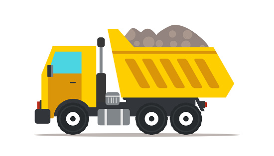 Dump truck flat vector illustration. Professional heavy machinery isolated design element. Yellow tipper truck cartoon clip art. Road works, building construction. Vehicle, transport