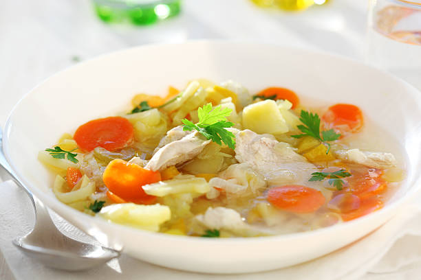 istock Soup with chicken and vegetables in white plate 114273725