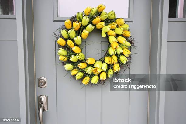 Beautiful Front Door Spring Tulip Wreath Close Up Stock Photo - Download Image Now - Springtime, Wreath, Domestic Life