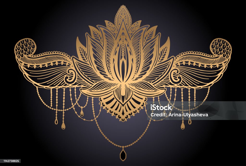 Lotus flower ethnic symbol. Gold gradient color in black background.Tattoo design motif, decoration element. Sign Asian spirituality,norvana and innocence. Lotus flower ethnic symbol. Gold gradient color in black background.Tattoo design motif, decoration element. Sign Asian spirituality,norvana and innocence.Vector illustration. Abstract stock vector
