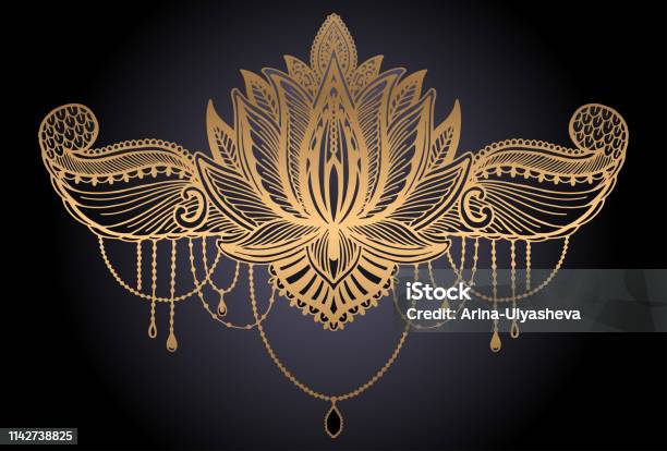 Lotus Flower Ethnic Symbol Gold Gradient Color In Black Backgroundtattoo Design Motif Decoration Element Sign Asian Spirituality Norvana And Innocence Stock Illustration - Download Image Now