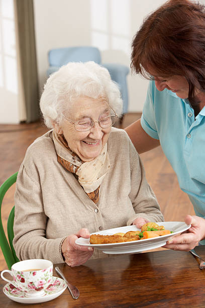 Senior Woman Being Served Meal By Carer  meals on wheels photos stock pictures, royalty-free photos & images
