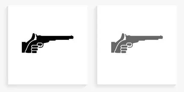 Vector illustration of Holding Pistol Black and White Square Icon