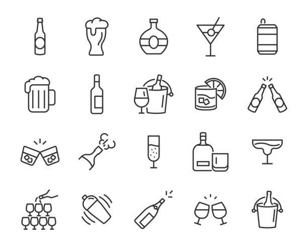 набор алкогольных икон, таких как вино, шампанское, пиво, виски, коктейль - напиток stock illustrations