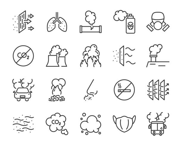 ilustrações de stock, clip art, desenhos animados e ícones de set of air pollution icons, such as smog, dust, smoke, emission - poluição