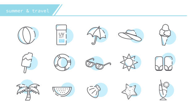 ilustrações de stock, clip art, desenhos animados e ícones de summer icons with white background - suntan lotion symbol ice umbrella