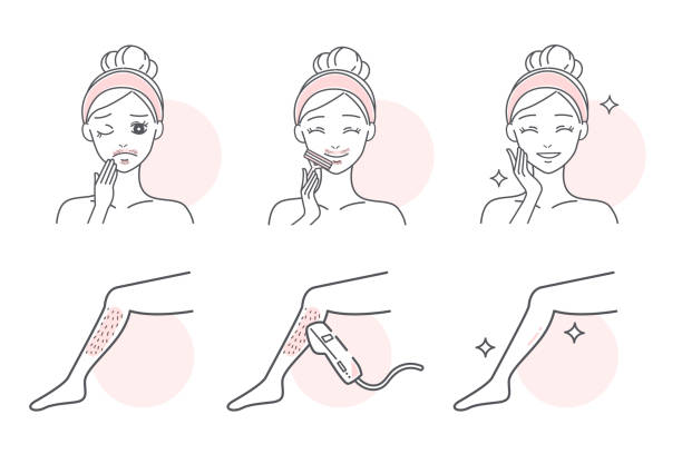 woman remaove hair cartoon woman remaove hair on her face and leg human limb stock illustrations