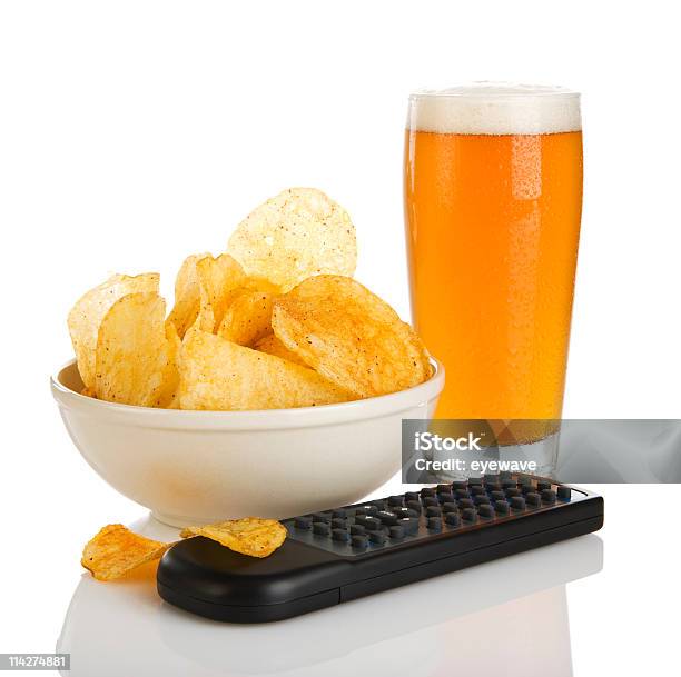 Potato Chips Beer And Remote Control Isolated Stock Photo - Download Image Now - Alcohol - Drink, Baked, Beer - Alcohol