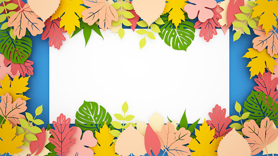 Multi Colored leaves on a light blue background and white space for tropical artwork. Colorful Leaves in the forest for the season artwork. 3D Illustration