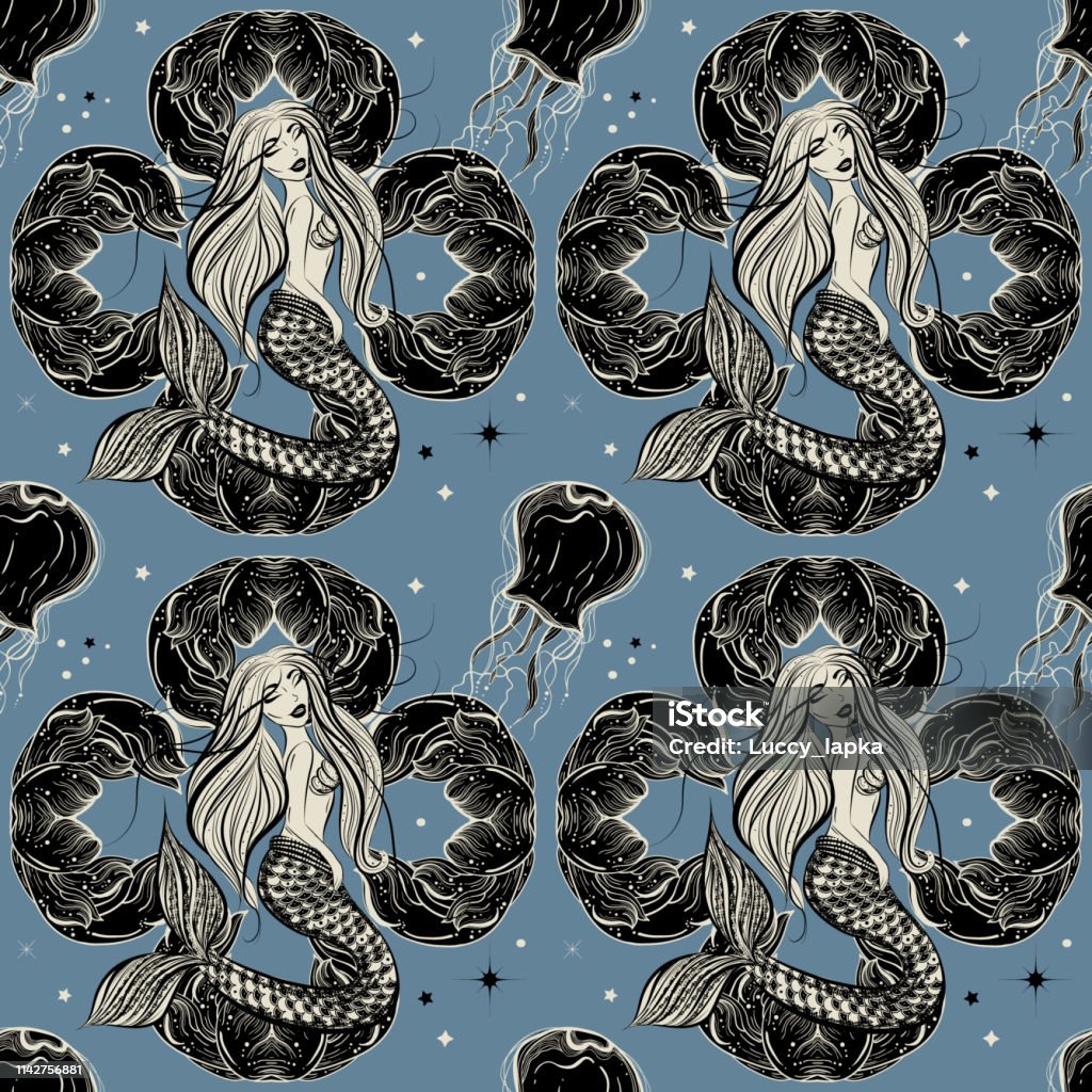 Boho hand drawn seamless pattern with ocean life: magic mermaid, jellyfish and waves.Vintage, gypsy style. Illustration stock vector