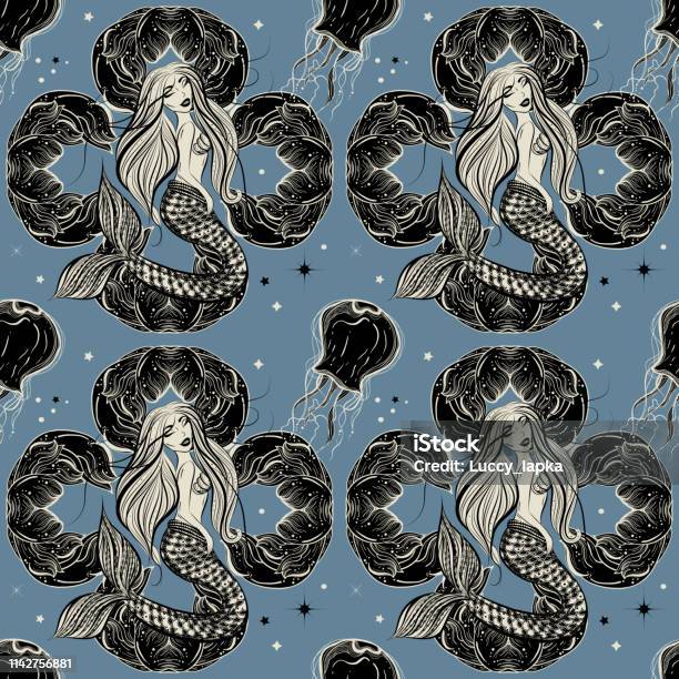 Boho Hand Drawn Seamless Pattern With Ocean Life Magic Mermaid Jellyfish And Wavesvintage Gypsy Style Stock Illustration - Download Image Now