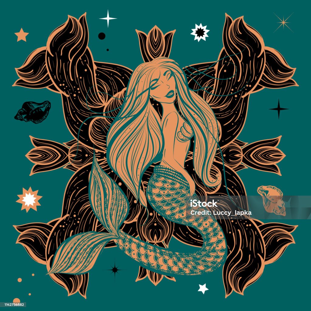 Boho hand drawn illustration of mermaid.Vintage, gypsy style. Illustration stock vector