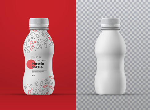Vector realistic mockup of white plastic curly bottle for drinks. Universal for different volumes m milliliters. Template for the presentation of packaging design and labels