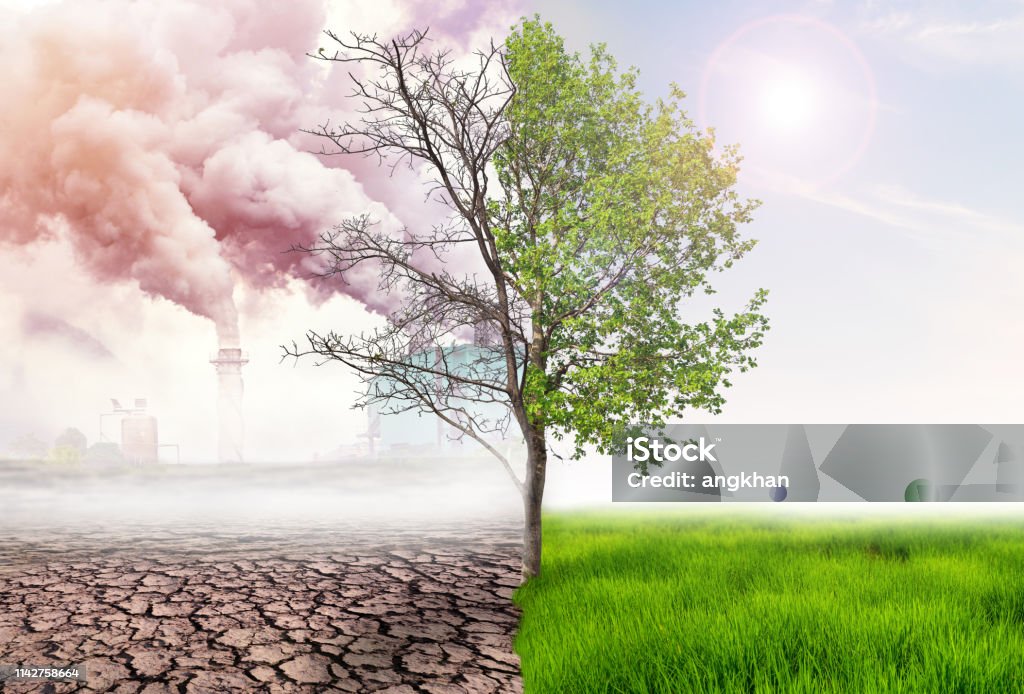 confrontando la terra verde e l'effetto dell'inquinamento atmosferico dall'azione umana, il concetto di riscaldamento glbal, l'albero verde e la terra verde con la terra leggera e arida con l'inquinamento atmosferico sullo sfondo - Foto stock royalty-free di Cambiamenti climatici