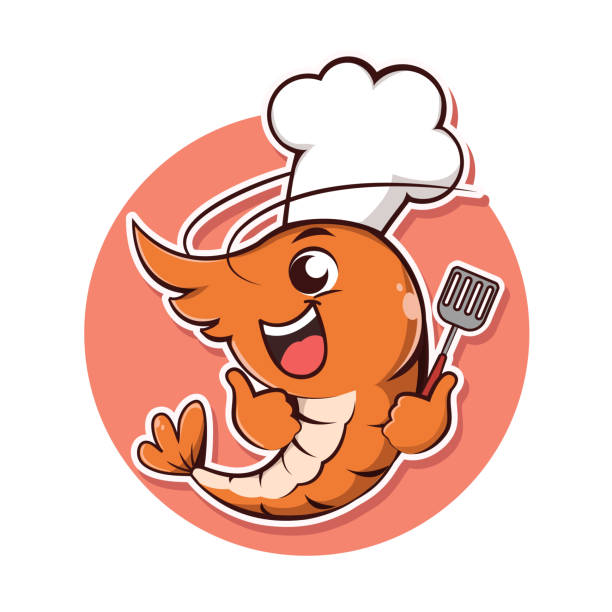 Character logo shrimp. Character shrimp take a chef hat and turner holder. shrimp prepared shrimp prawn cartoon stock illustrations