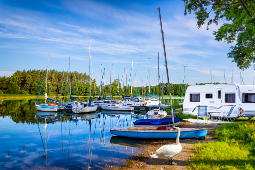 Vacations in Poland - sailboats in marina by the Golun lake, Kaszuby land, Pomorskie province