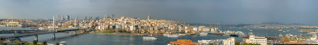 Istanbul, Turkey– April 6 , 2019: View touristic landmarks from sea voyage on Bosphorus. Cityscape of Istanbul at sunset - old mosque and turkish steamboats, view on Golden Horn