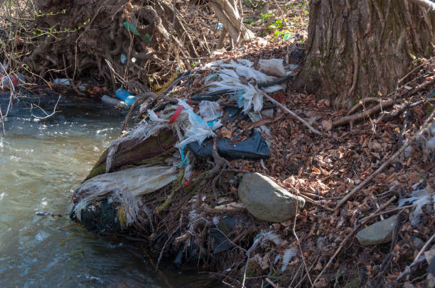 istock Plastic and foam garbage floating on the surface of the river 1142763512