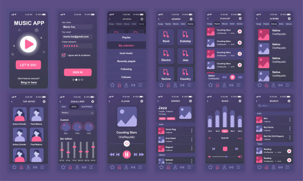 illustrations, cliparts, dessins animés et icônes de ensemble de l’interface utilisateur, ux, écrans gui modèle de conception plate de l’application de musique pour les applications mobiles - baladeur mp3