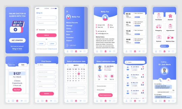 모바일 애플 리 케이 션에 대 한 ui, ux, gui 화면 의학 앱 평면 디자인 서식 파일의 집합 - health plan stock illustrations