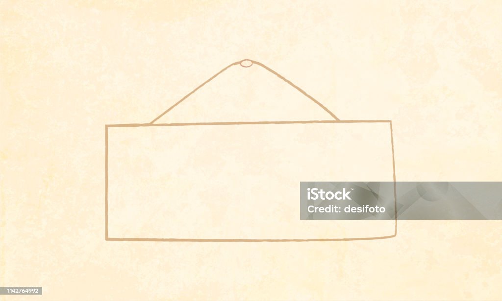 A horizontal vector illustration a blank, empty sign board A light brown beige color illustration of an empty blank placard. The background is grungy cream or light brown coloured. The sign board outline is in brown color. The placard is hung with a thread over a nail in the centre, centre or middle of the frame. Copy space. Chalkboard - Visual Aid stock illustration