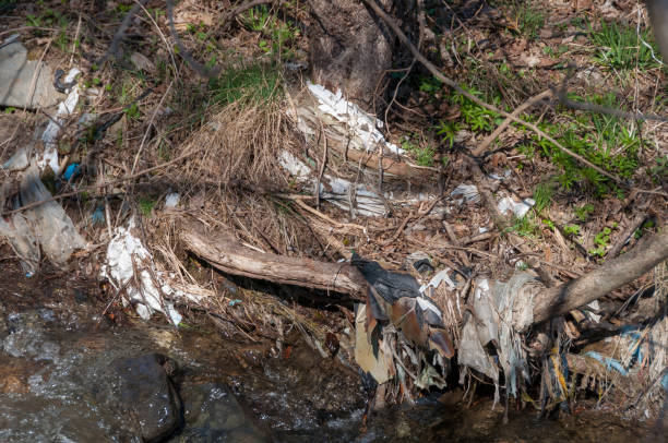 istock Plastic and foam garbage floating on the surface of the river 1142765711