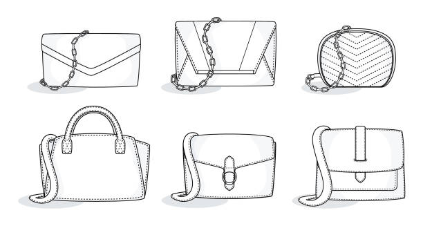 ilustraciones, imágenes clip art, dibujos animados e iconos de stock de conjunto de carteras bolsos elegante colección bolsa plantilla, llenar la mochila en blanco cartera embrague varios estilos - purse bag isolated fashion