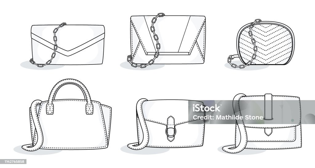 Set of purses handbags stylish bag collection template, fill in the blank backpack wallet clutch various styles Fill in the fashion clothing accessoires bag template with colours, patterns or images. Purse stock vector