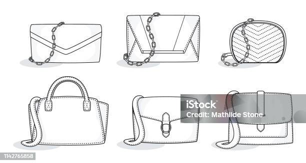 Set Of Purses Handbags Stylish Bag Collection Template Fill In The Blank Backpack Wallet Clutch Various Styles Stock Illustration - Download Image Now
