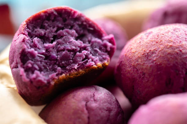 homemade bakery: sweet purple potato balls stock photo
