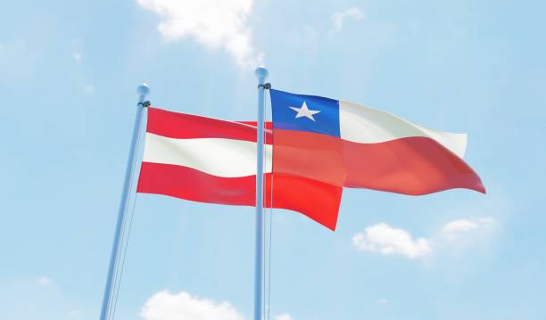 istock Austria and Chile, two flags waving against blue sky 1142768999