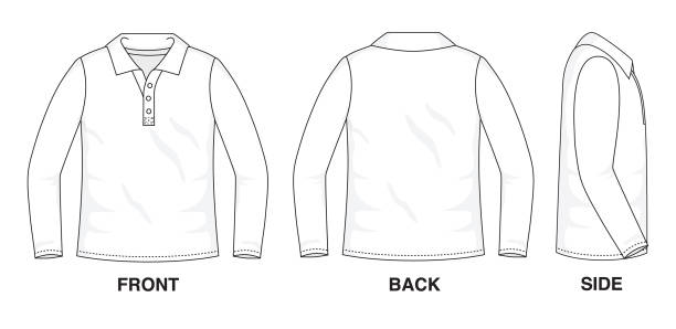 옷과 패션의 고립 된 개체 빈 셔츠 스웨터를 채우기 세련 된 착용. 일반 티 크루 폴로 티셔츠 긴 소매 그림 벡터 템플릿입니다. 전면, 후면 및 측면 보기 - polo shirt t shirt shirt drawing stock illustrations