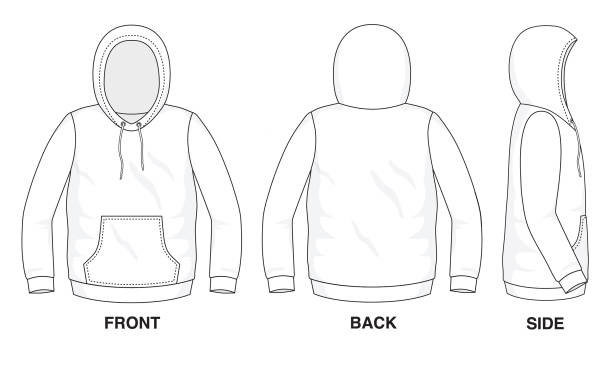 ilustrações de stock, clip art, desenhos animados e ícones de isolated object of clothes and fashion stylish wear fill in blank shirt sweater. regular tee crew hood hoodie tee long sleeves with pocket illustration vector template. front, back and side view - long sleeved