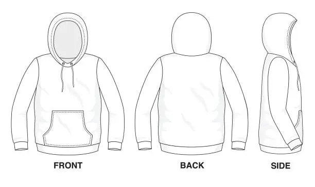 Vector illustration of Isolated object of clothes and fashion stylish wear fill in blank shirt sweater. Regular Tee Crew Hood Hoodie Tee Long Sleeves with Pocket Illustration Vector Template. Front, back and side view