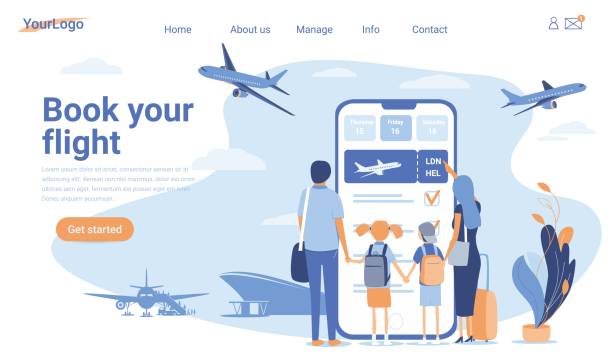 Landing page template of Book your flight. Modern flat design concept of web page design for website and mobile website. Easy to edit and customize. Vector illustration Landing page template of Book your flight. Modern flat design concept of web page design for website and mobile website. Easy to edit and customize. Vector illustration landing touching down stock illustrations