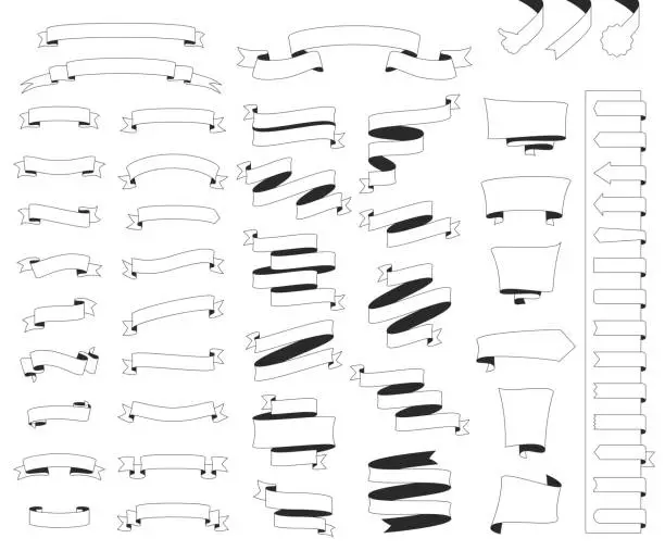 Vector illustration of Set of Ribbons, Banners (outline, line art) - Design Elements on white background