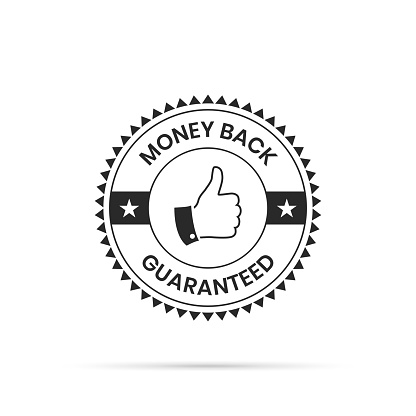 Black and white Trendy badge (Money Back Guaranteed) in a line art style with a thin black outline, with shadow, isolated on a white background. Elements for your design, with space for your text. Vector Illustration (EPS10, well layered and grouped). Easy to edit, manipulate, resize or colorize.