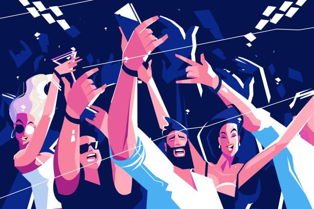 Noisy funny crowd Noisy funny crowd vector illustration. Cheerful people screaming on concert or party. Bearded man making selfie on smartphone flat style design. Entertainment concept nightlife illustrations stock illustrations