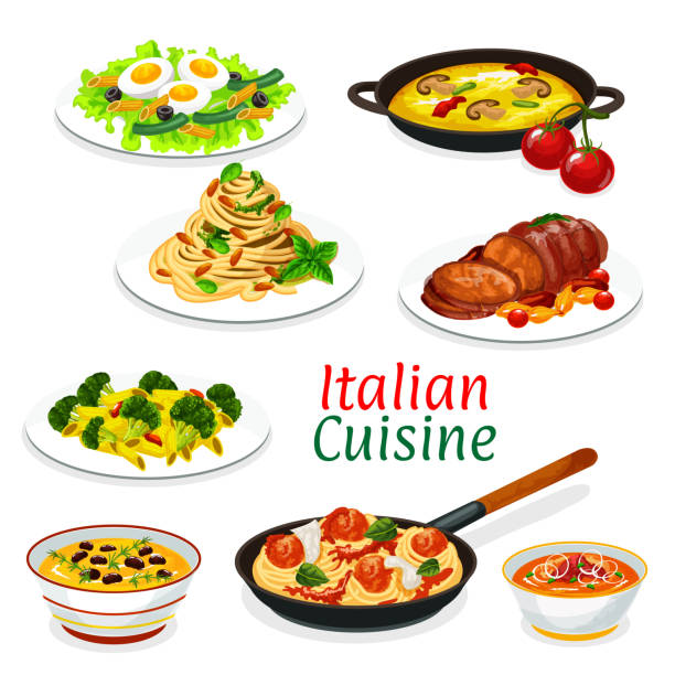 Italian pasta with sauces, meat and fish dishes Italian cuisine dishes of pasta, meat and vegetable food. Tomato sauce meatball spaghetti, penne and fettuccine with cheese and pesto, tuna olive and egg salad, baked pork, soups and omelette. Vector omelette on the plate stock illustrations