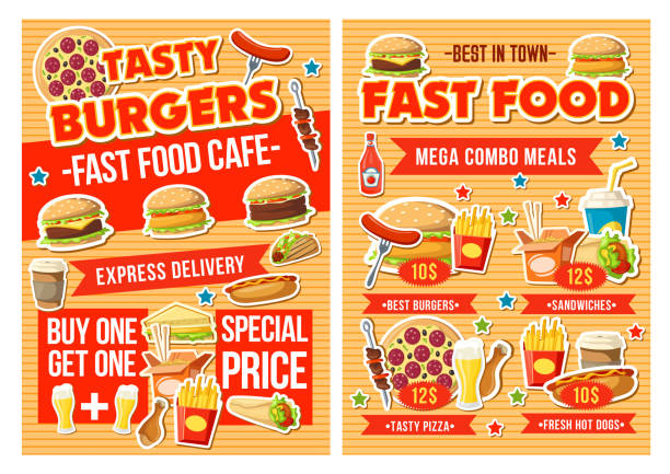 illustrations, cliparts, dessins animés et icônes de fast-food burger, pizza et boissons. menu combo - hamburger refreshment hot dog bun