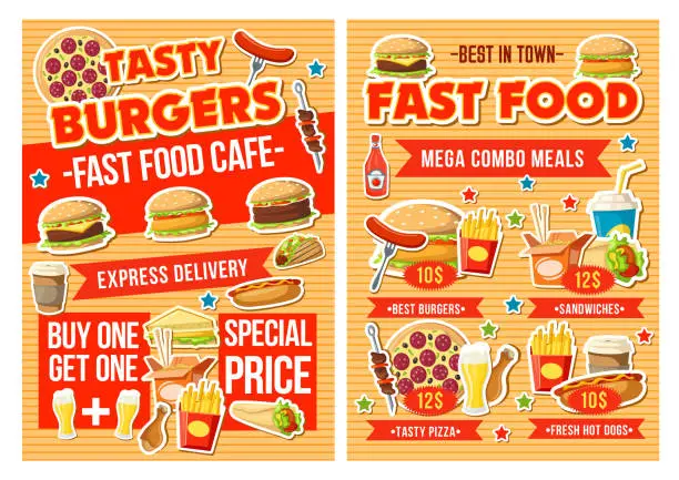 Vector illustration of Fast food burger, pizza and drinks. Combo menu