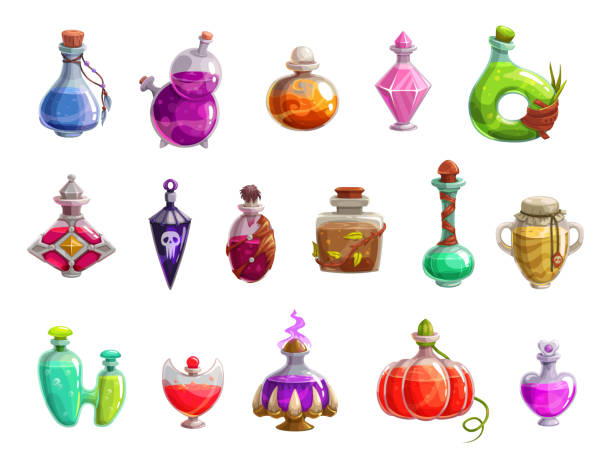 бутылки из зелья с волшебным жидким эликсиром ведьмы - toxic substance poisonous organism bottle potion stock illustrations