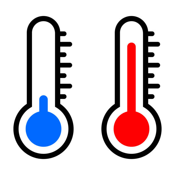 ilustraciones, imágenes clip art, dibujos animados e iconos de stock de icono de termómetro azul y rojo - thermometer healthcare and medicine backgrounds isolated